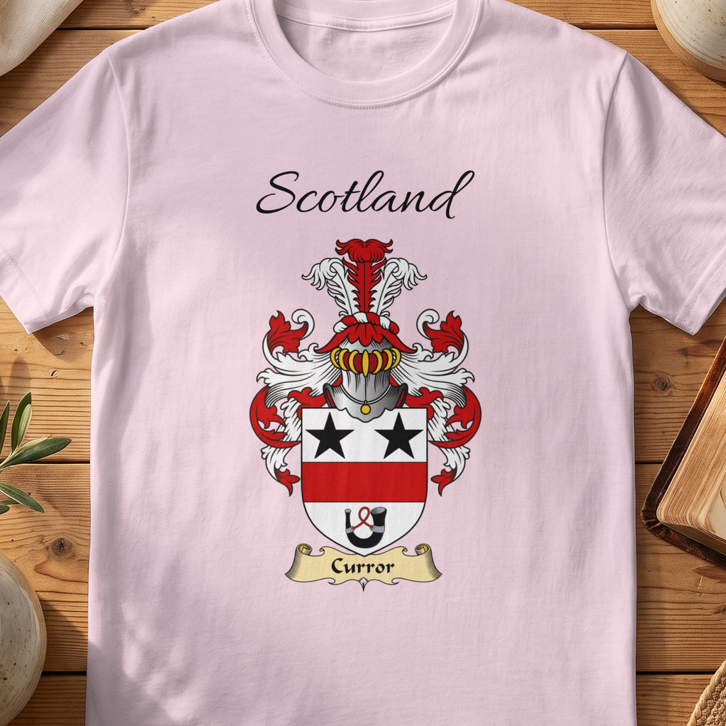 Light Pink Curror Scottish family shield T-shirt featuring black stars above a red horizontal band