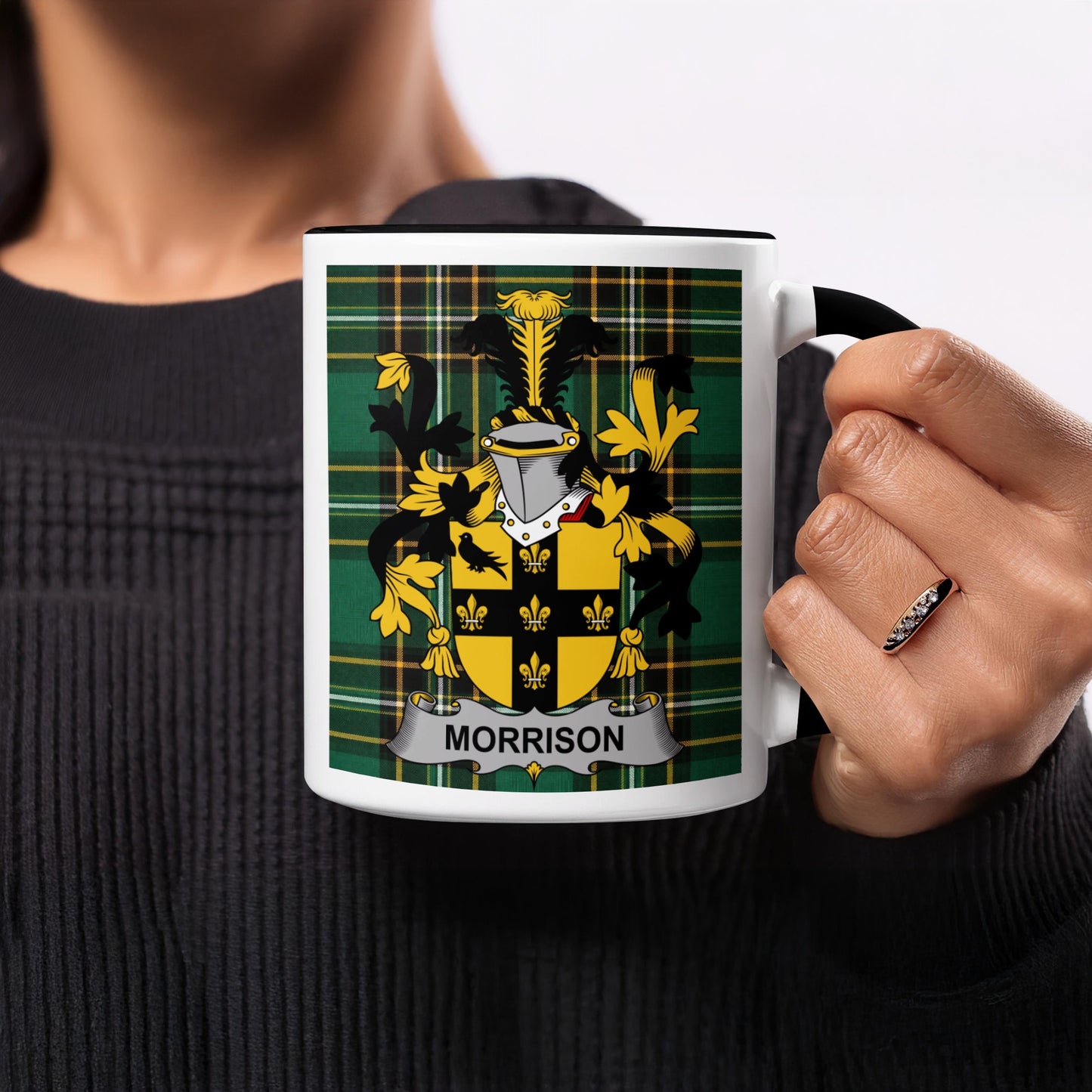 Mug with Morrison family crest on green tartan background.