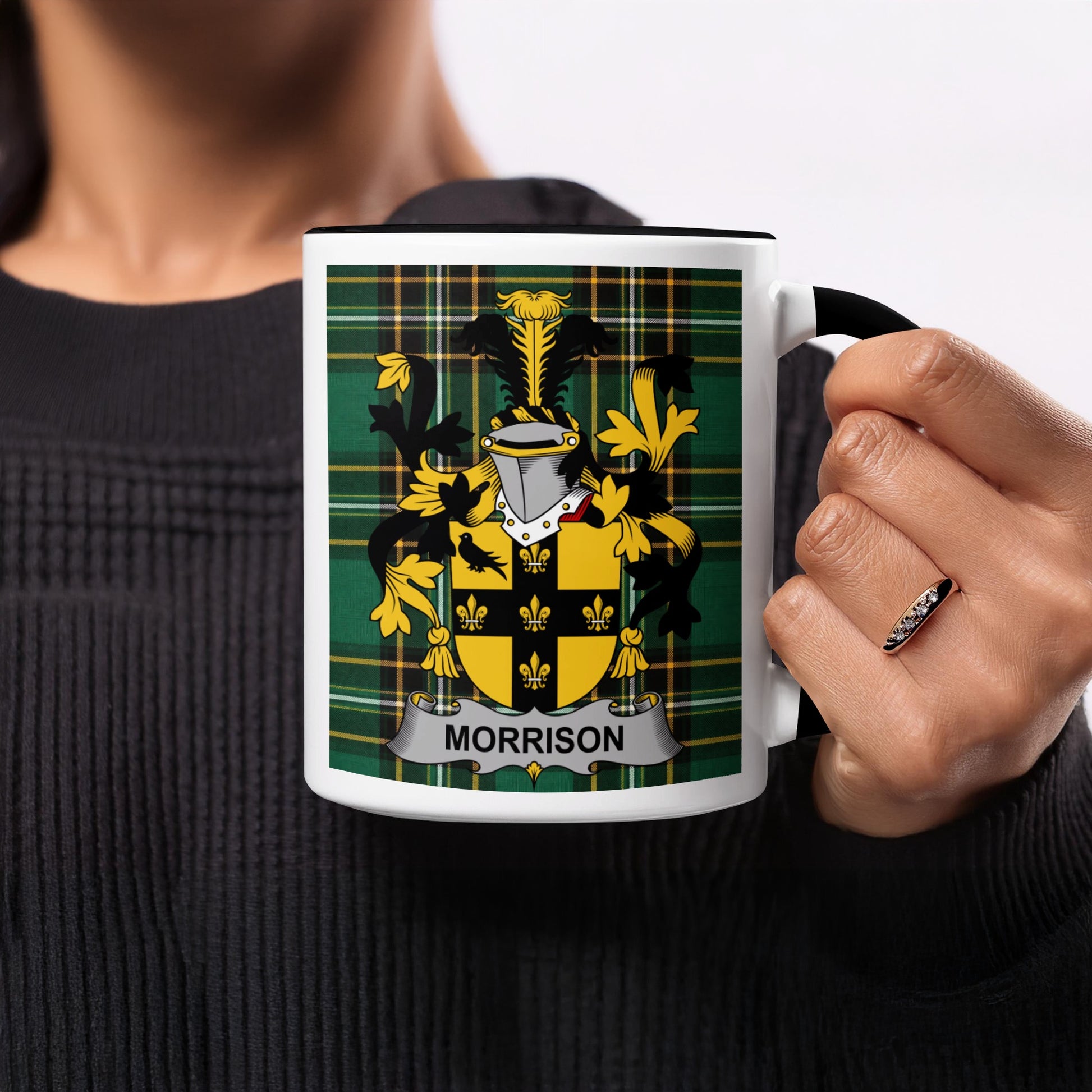 Mug with Morrison family crest on green tartan background.
