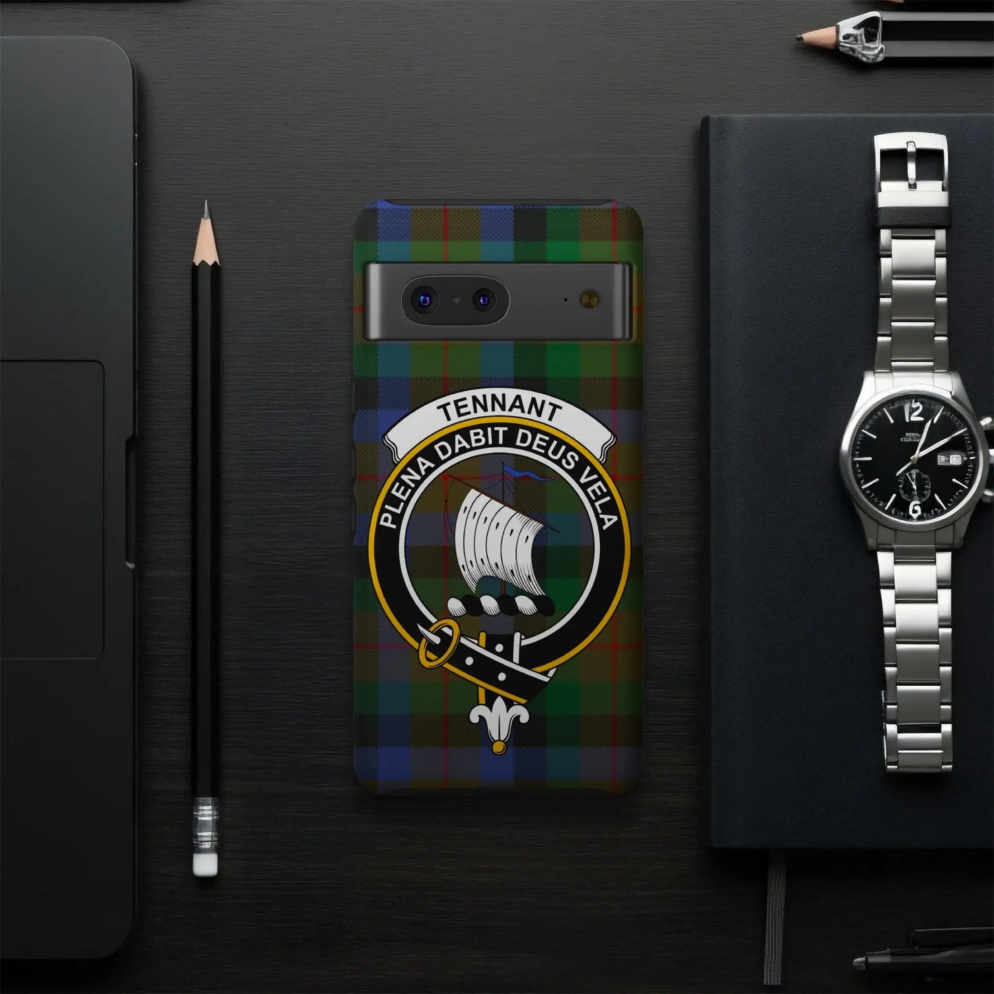 Clan Tennant Plaid Phone Case with Family Crest Design