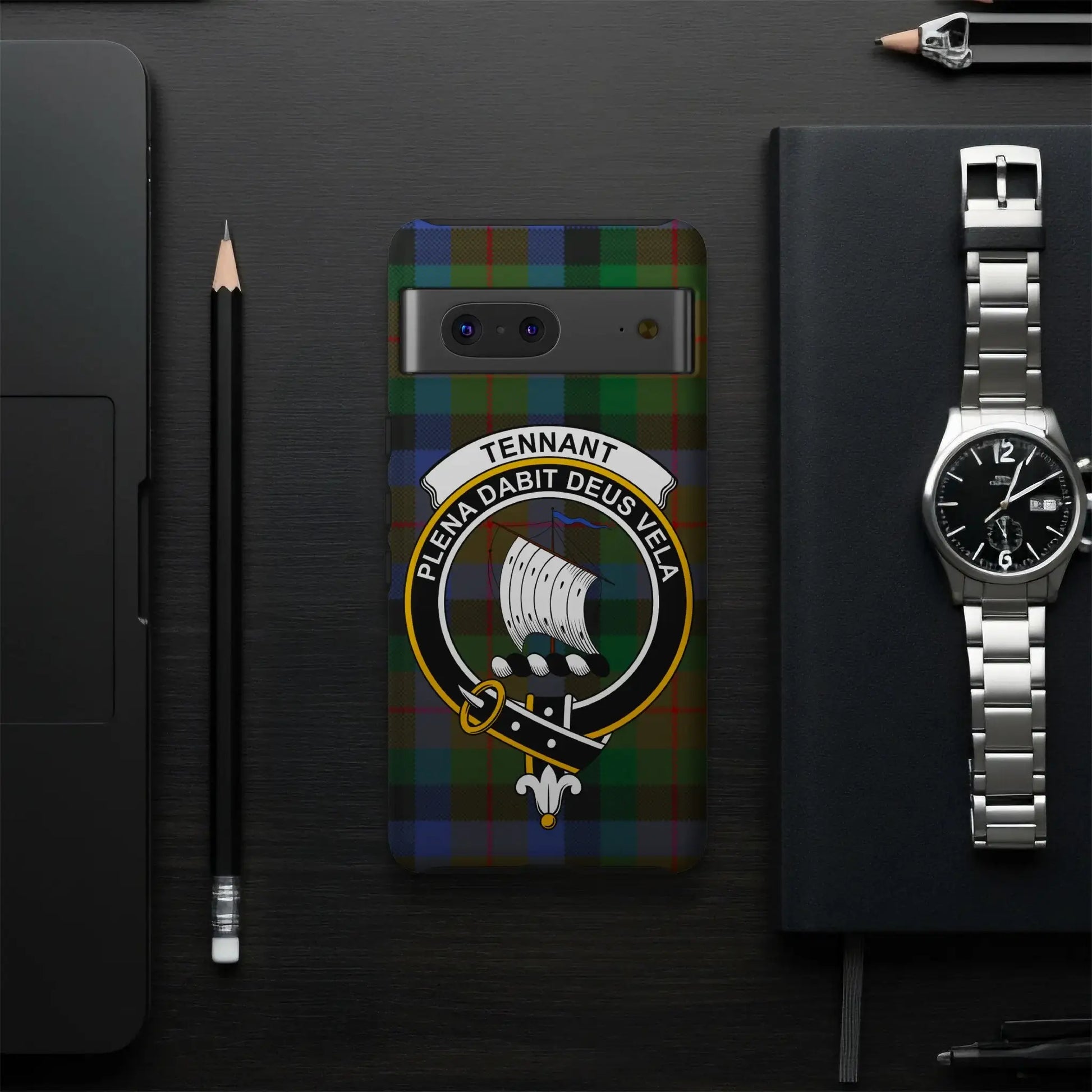 Clan Tennant Plaid Phone Case with Family Crest Design