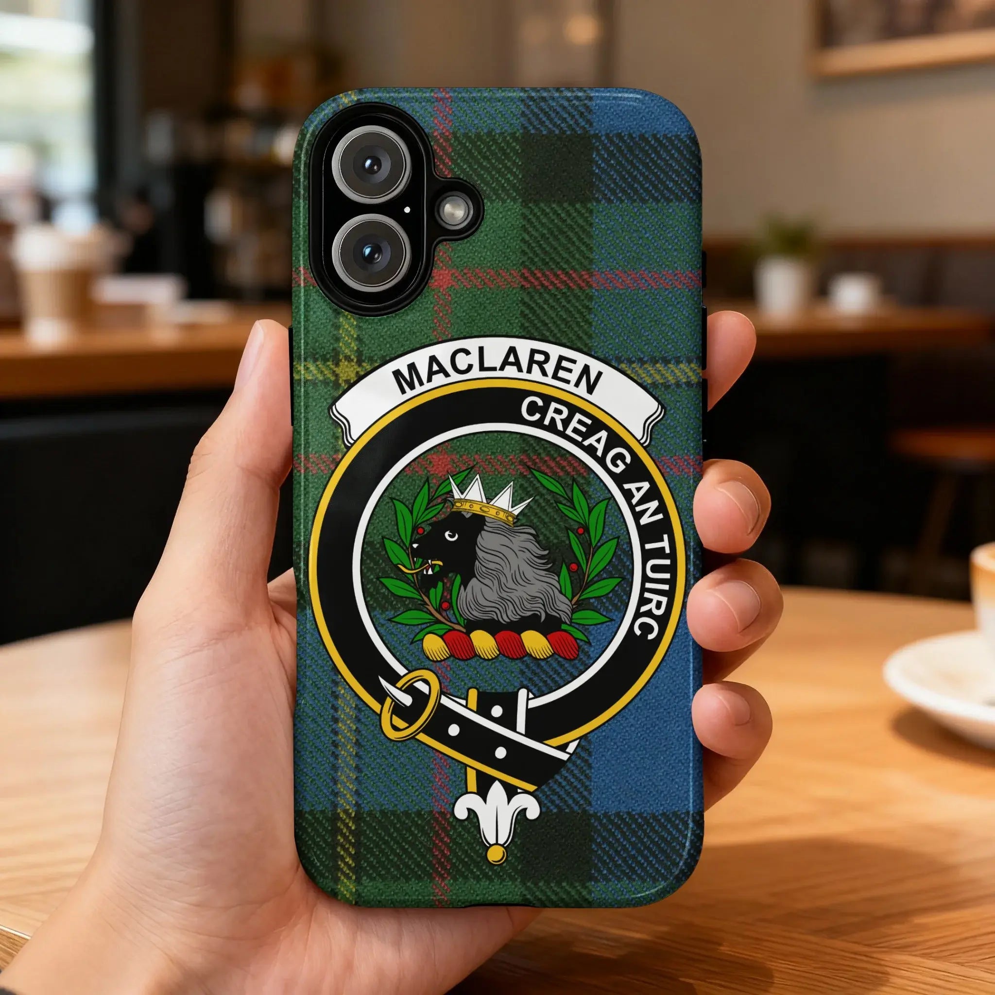 MacLaren clan crest tartan phone case — Creag An Tuirc full wrap glossy print on iPhone
