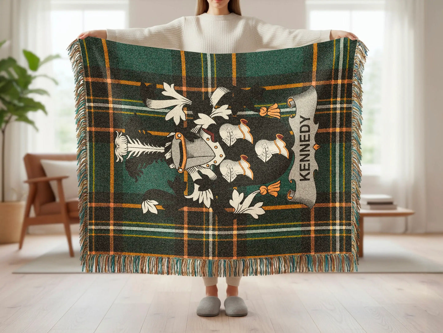 Green and black plaid blanket with a crest and "Kennedy" text.