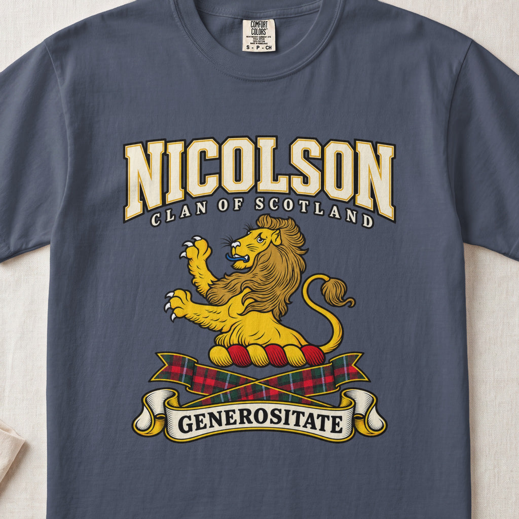 Nicolson Scottish clan graphic T-shirt in Midnight, front view
