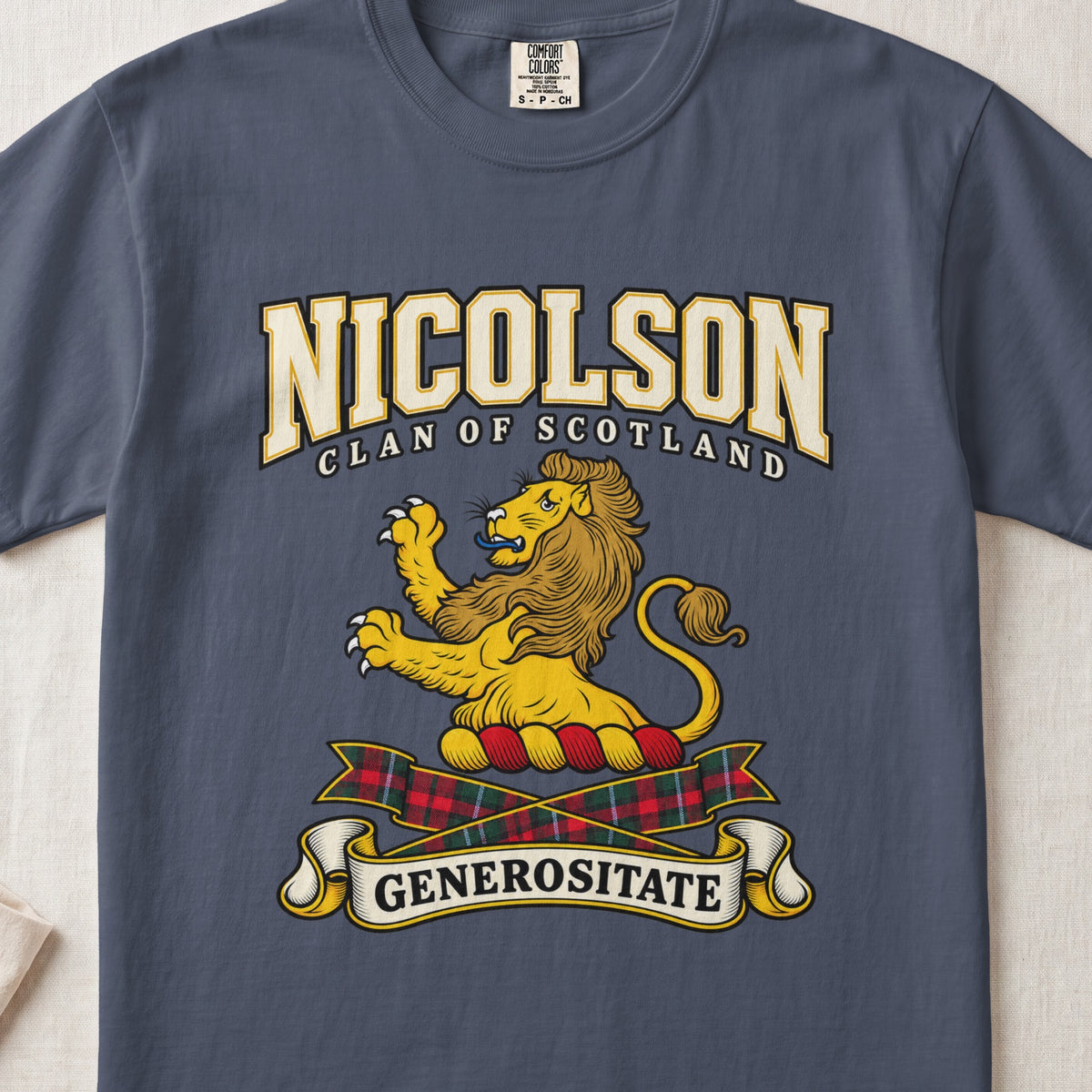 Nicolson Scottish clan graphic T-shirt in Midnight, front view