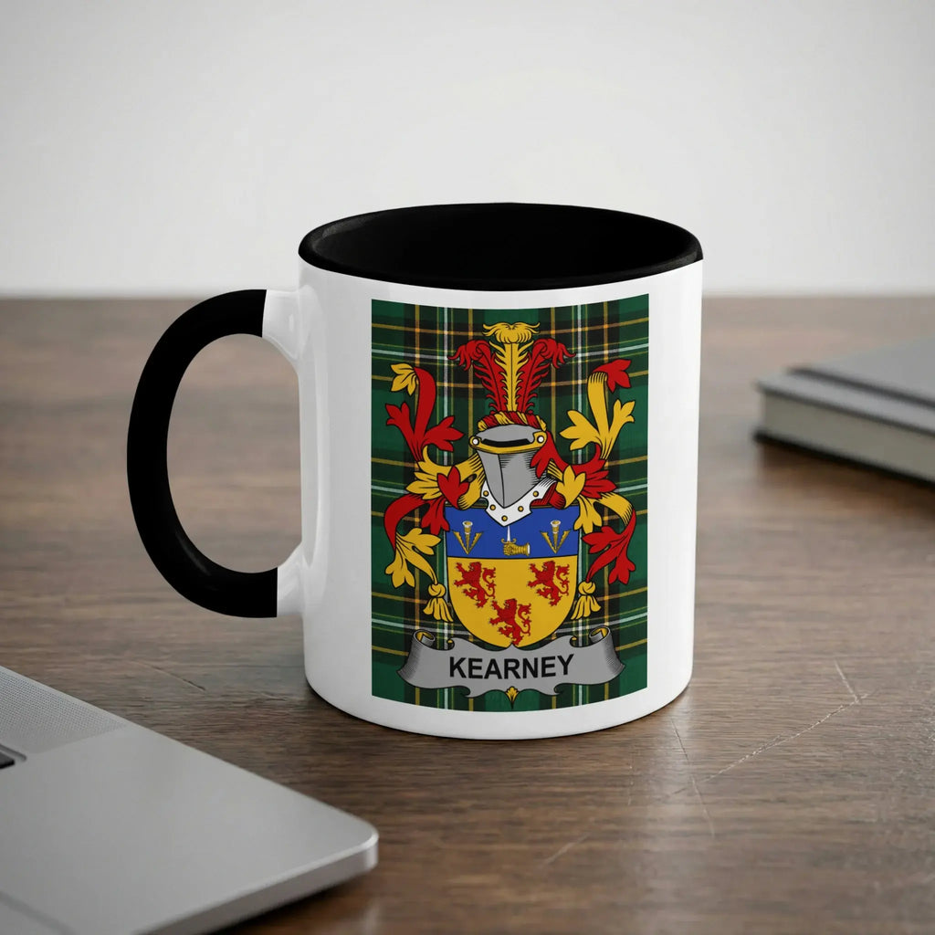 Kearney Irish heritage mug with black handle and family crest