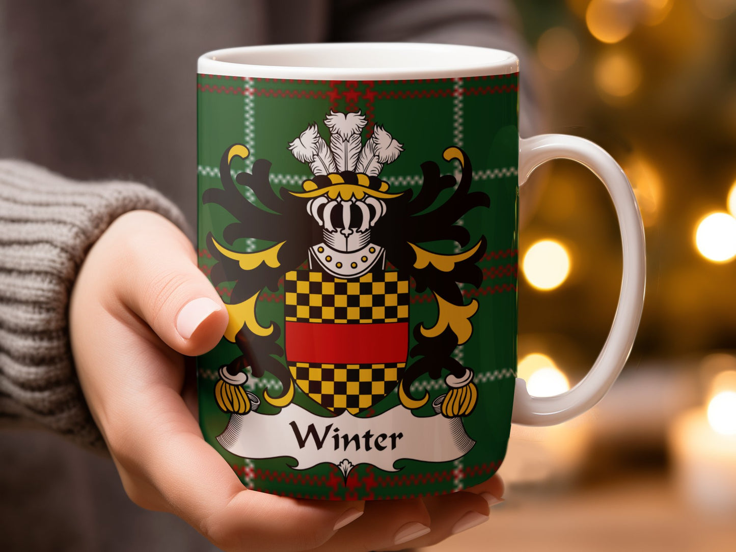 Winter Welsh Surname Coat of Arms on Tartan Background Mug - Living Stone Gifts