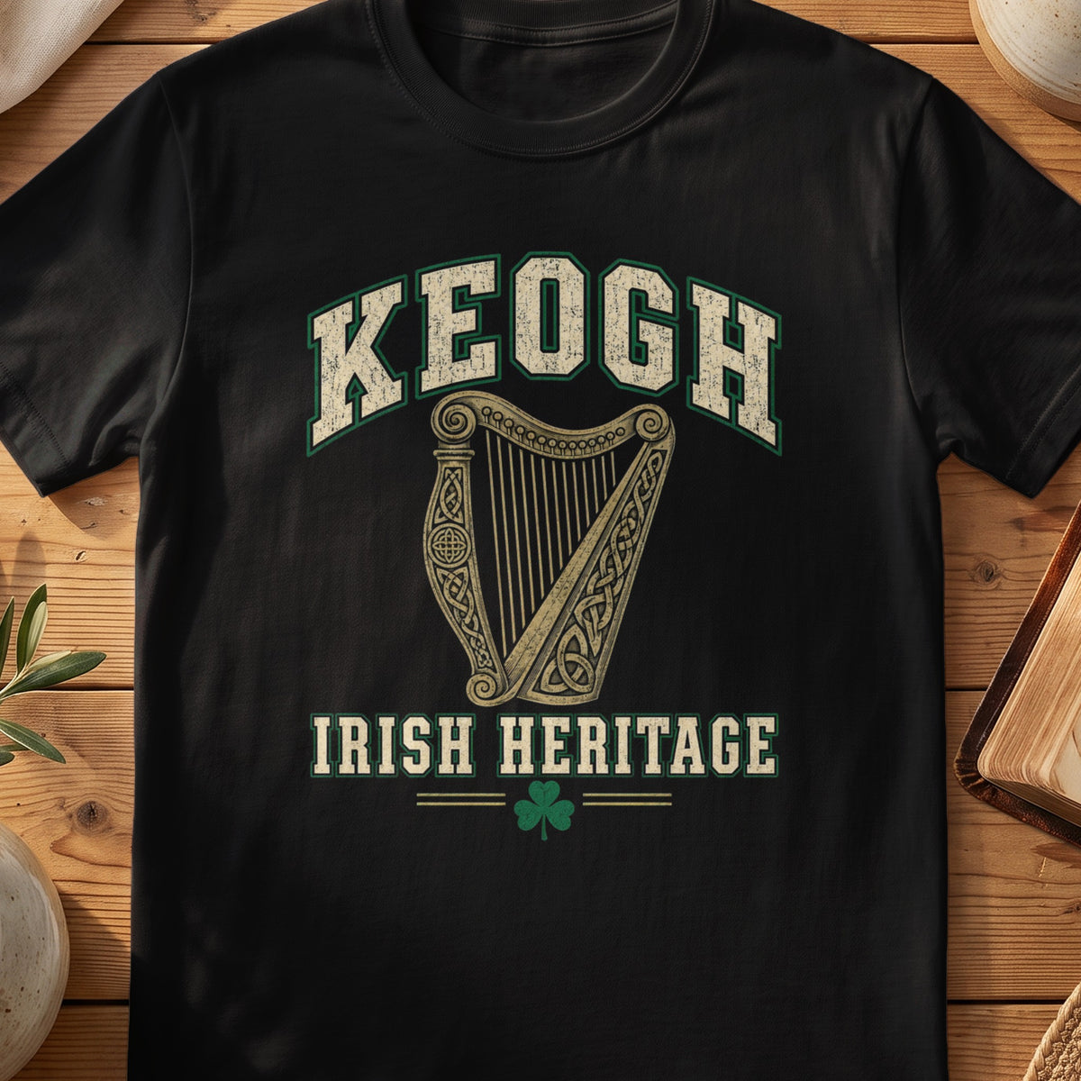 Keogh Irish Heritage black Gildan 64000 T-shirt with Celtic harp design