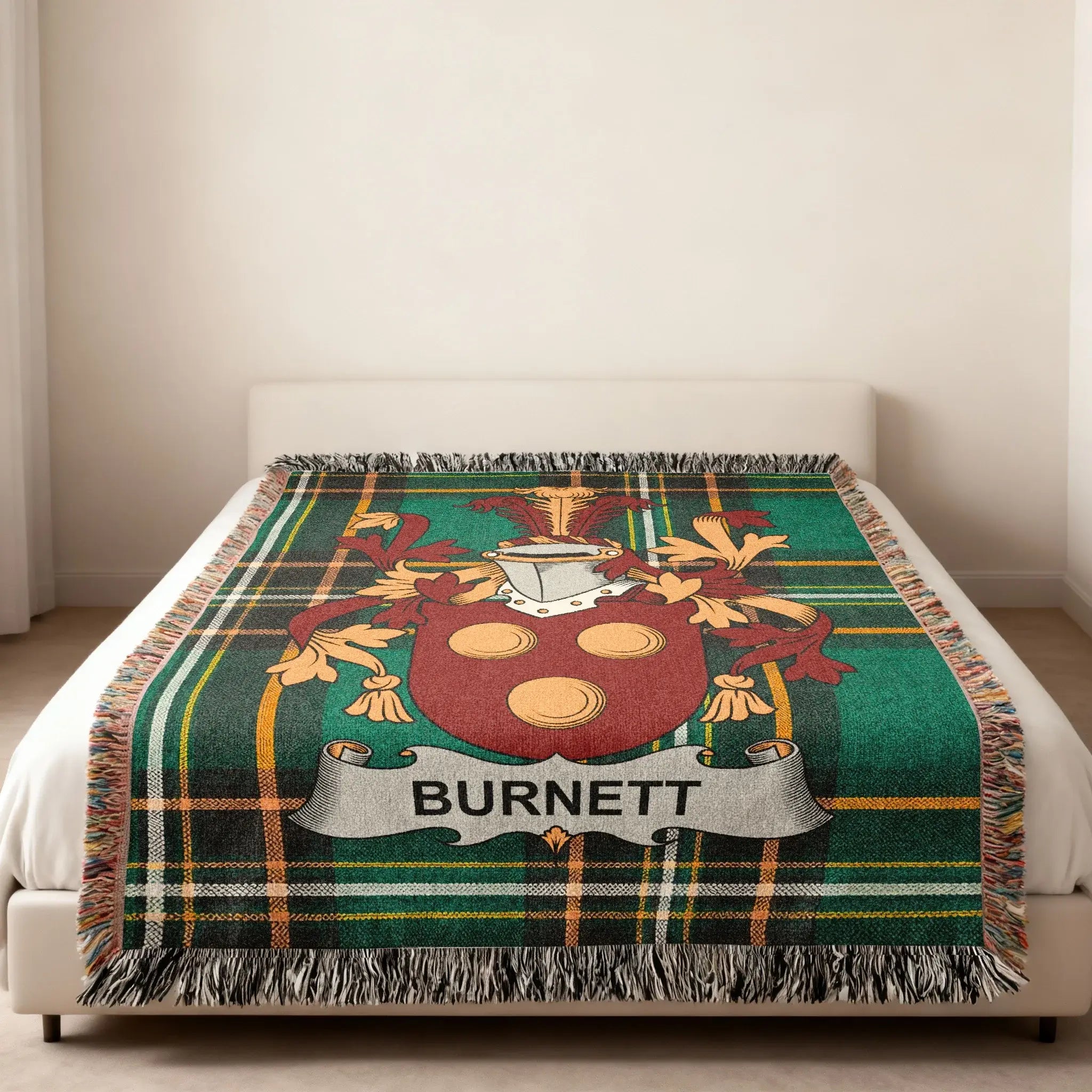 Burnett Plaid Coat Arms Family Crest Fringes Throw Blanket product type