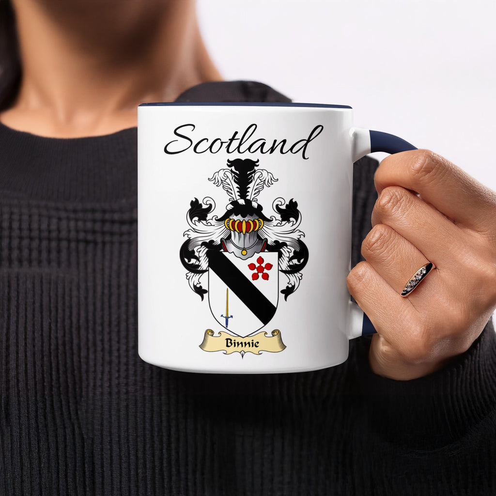 Red-accent Binnie Scottish family crest mugs with Scotland above the heraldic shield