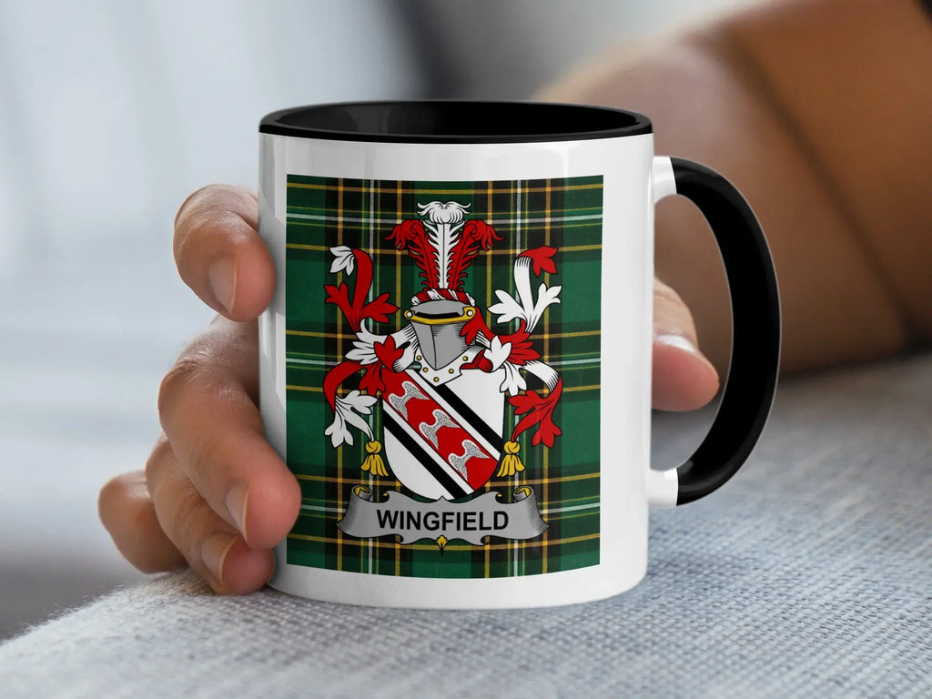 Mug with black handle and rim, featuring Wingfield coat of arms on tartan background.