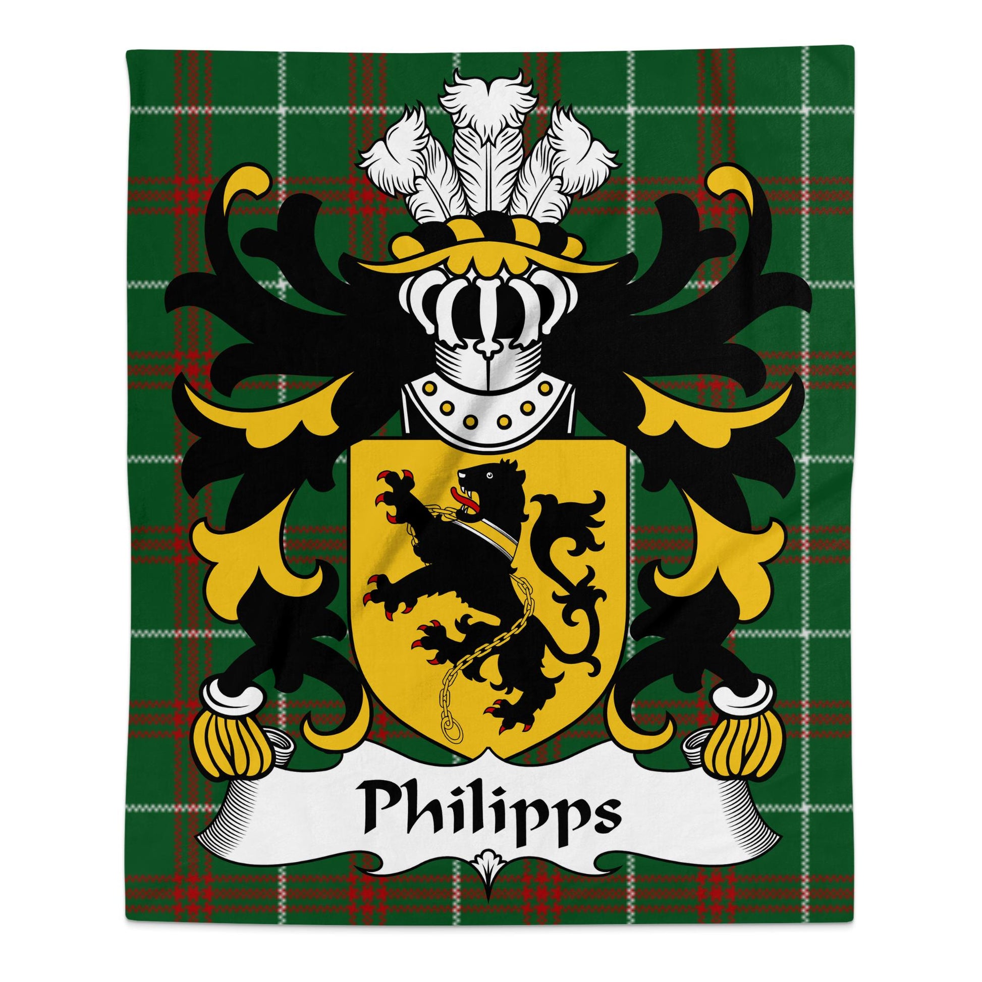 Philipps Surname Coat of Arms on Welsh National Tartan Blanket - Living Stone Gifts