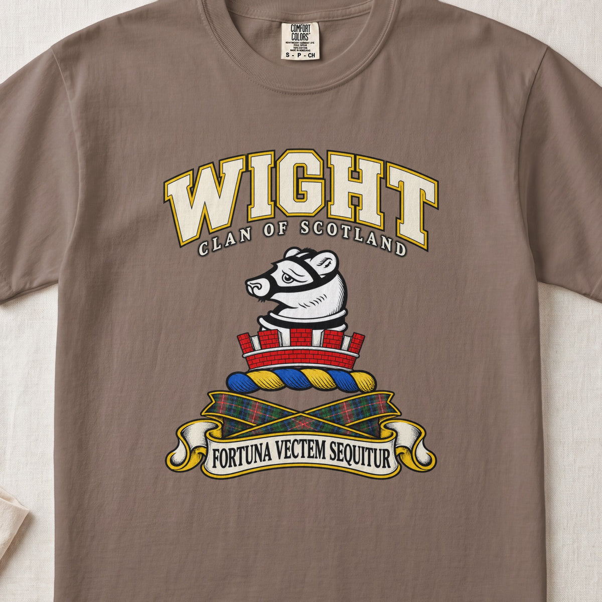 Wight Scottish clan T-shirt in Espresso, front view with a white muzzled animal head above a red mural crown and motto design.