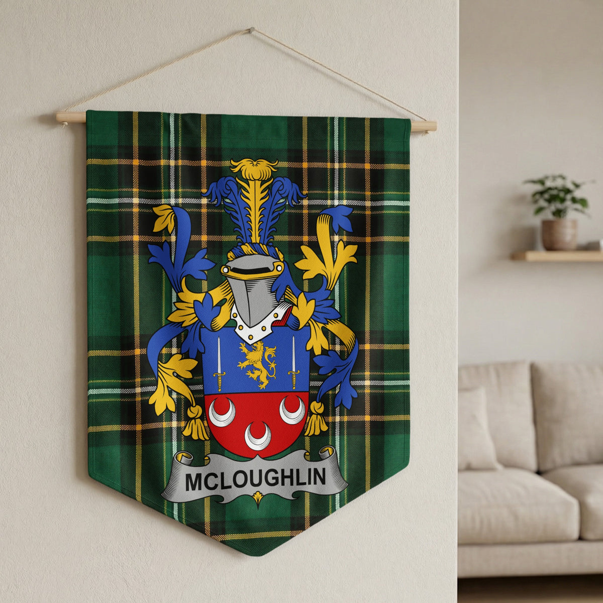 McLoughlin family crest displayed on a green tartan banner hanging on a wall.