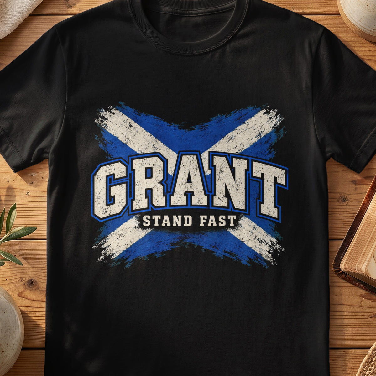 Grant Scottish Saltire T-shirt in Black, with distressed blue and cream flag and “Stand Fast” lettering.