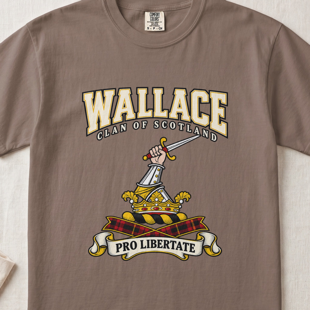 Wallace graphic T-shirt in Espresso brown, front flat lay showing varsity lettering and armoured arm holding sword.