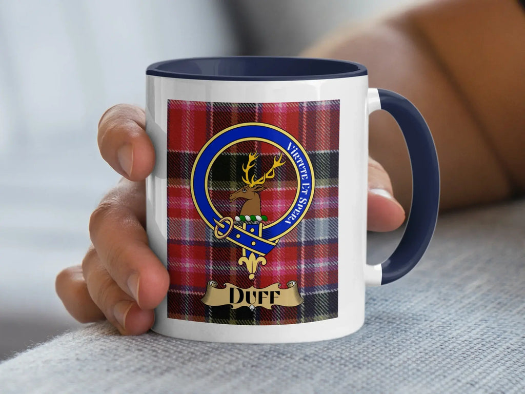 Clan Duff tartan accent mug with black handle — 11oz ceramic, crest and motto Virtute Et Spera