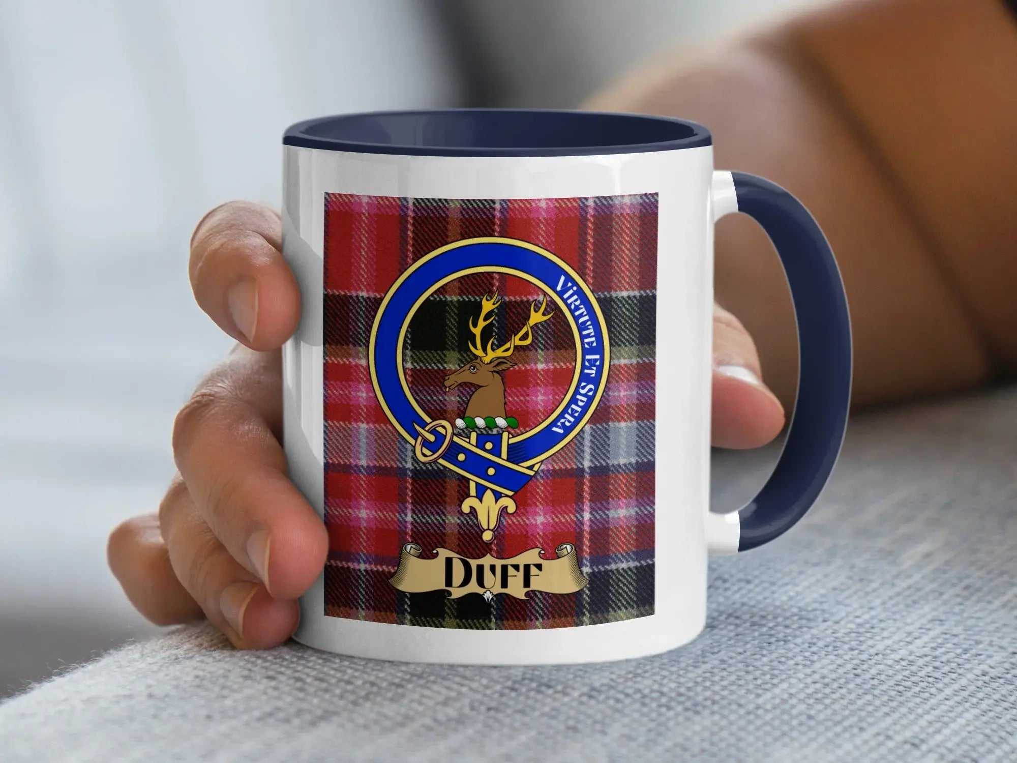 Clan Duff tartan accent mug with black handle — 11oz ceramic, crest and motto Virtute Et Spera
