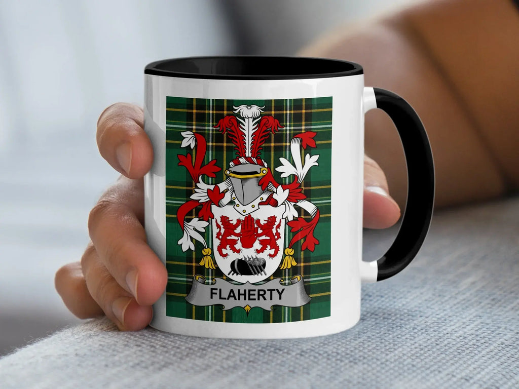 Flaherty Irish heritage mug with black handle and family crest