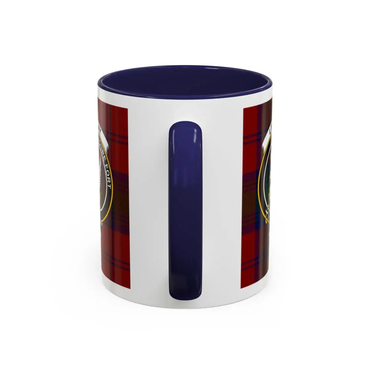 Lindsay clan tartan accent mug with blue handle — 11oz ceramic, Endure Bravely motto