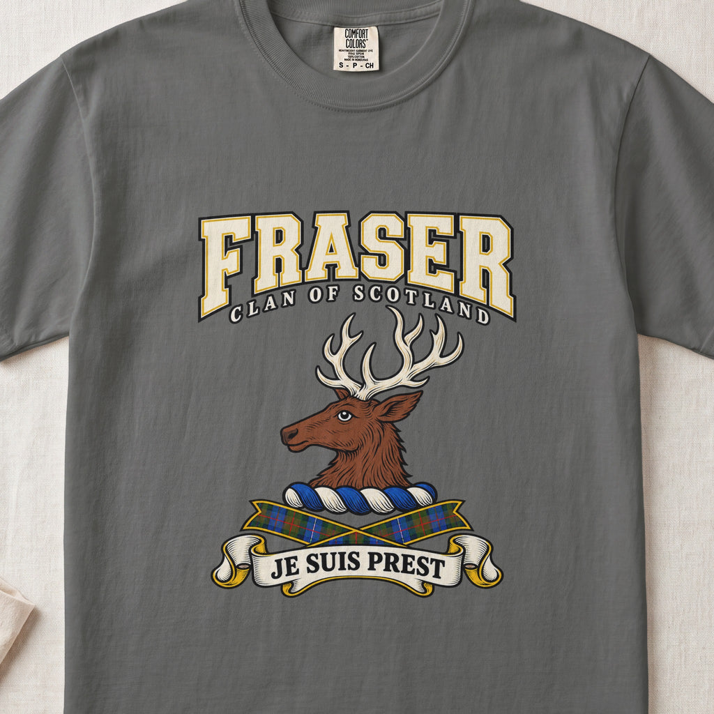 Fraser graphic T-shirt in Pepper gray, front flat lay showing varsity lettering and brown stag head with cream antlers.