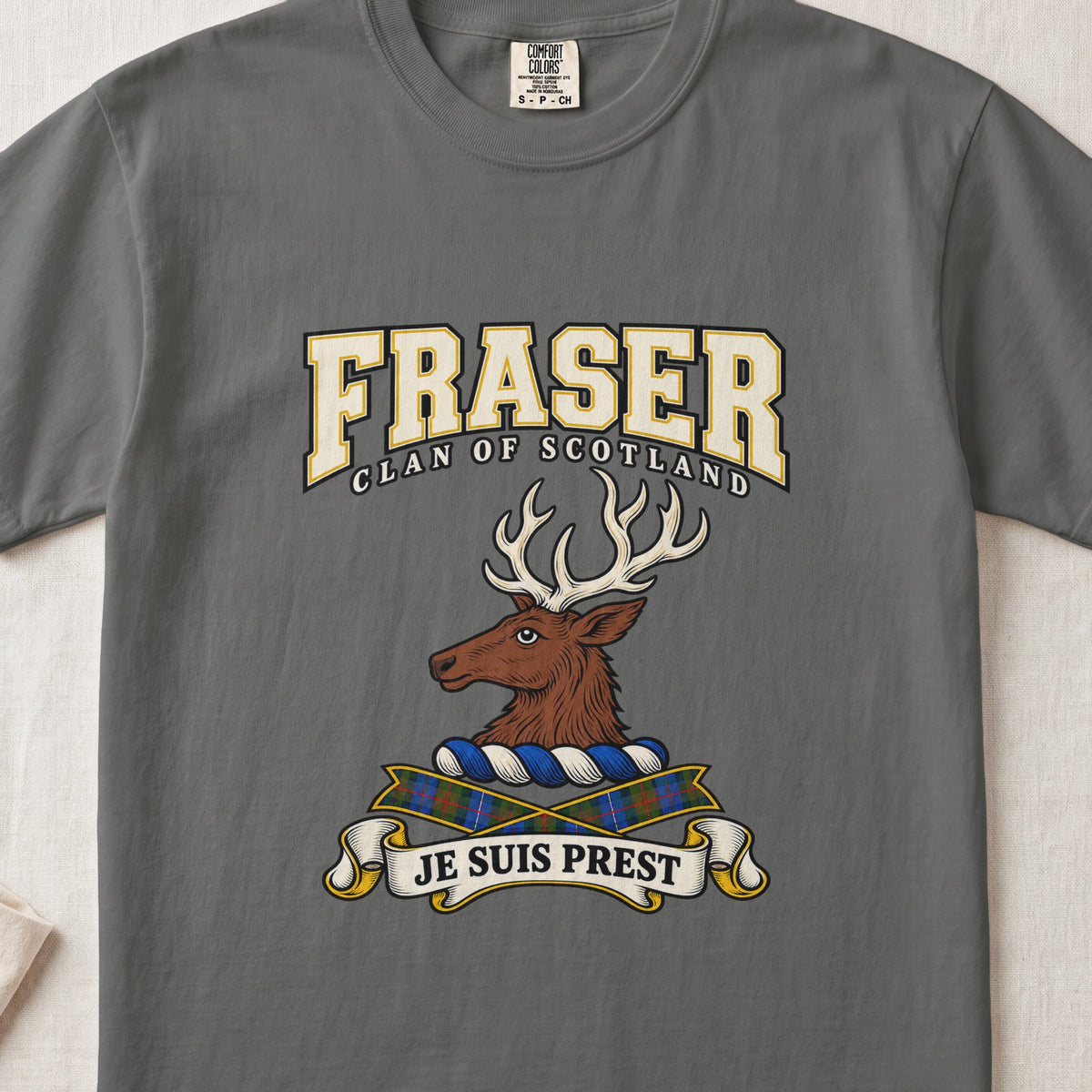 Fraser graphic T-shirt in Pepper gray, front flat lay showing varsity lettering and brown stag head with cream antlers.