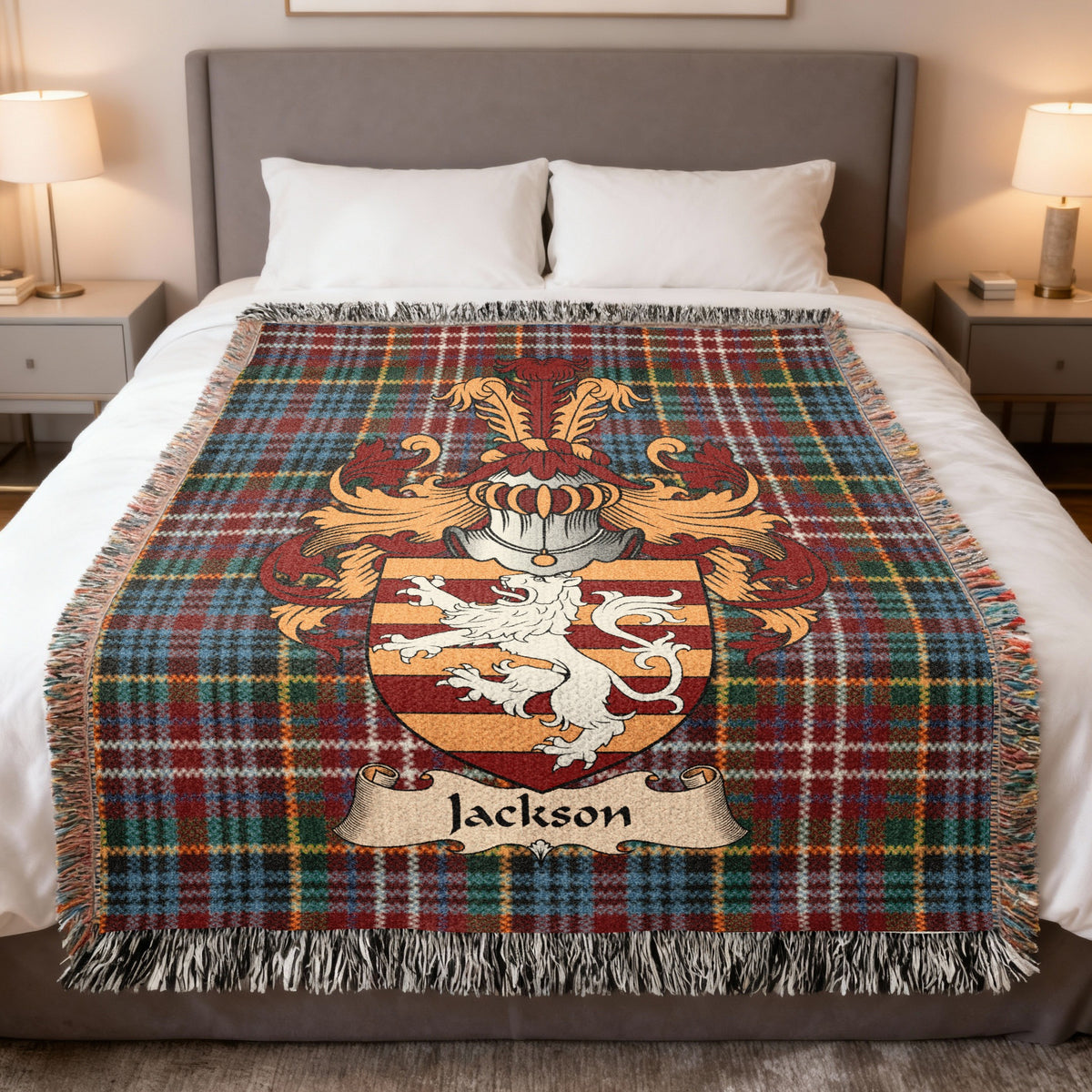 Jackson Caledonia tartan heritage woven throw blanket with family shield