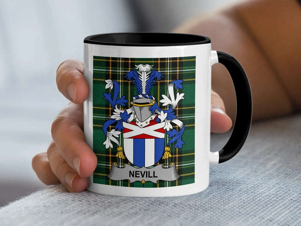 Nevill Irish Heritage Accent Mug with black handle and family crest