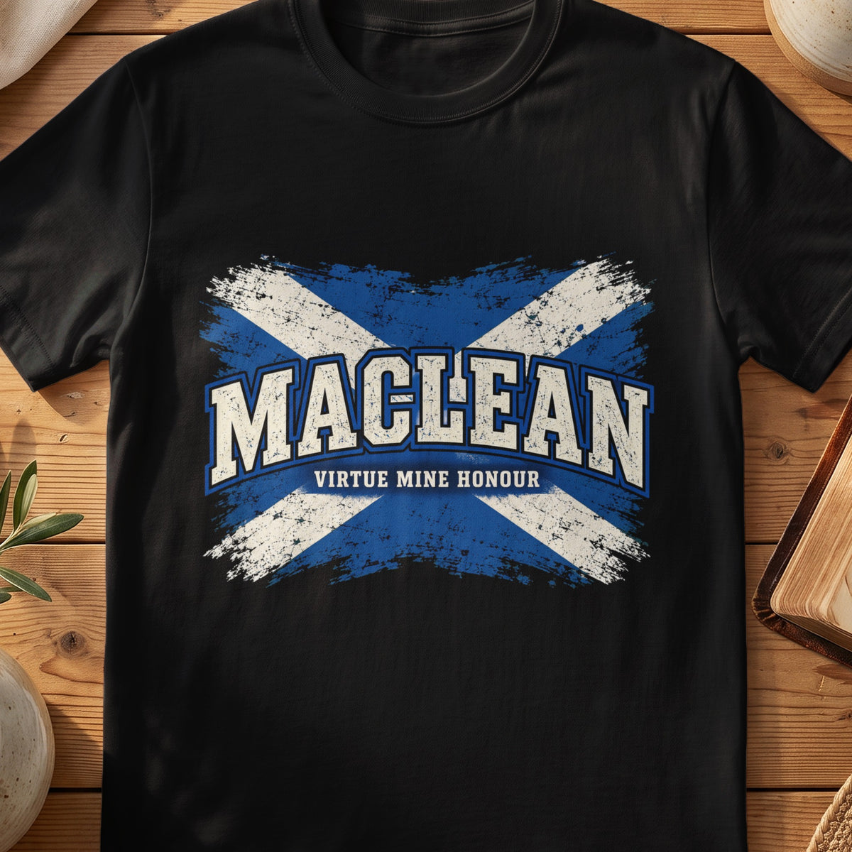 MacLean Scottish Saltire T-shirt in Black, with distressed blue and cream flag and “Virtue Mine Honour” lettering.