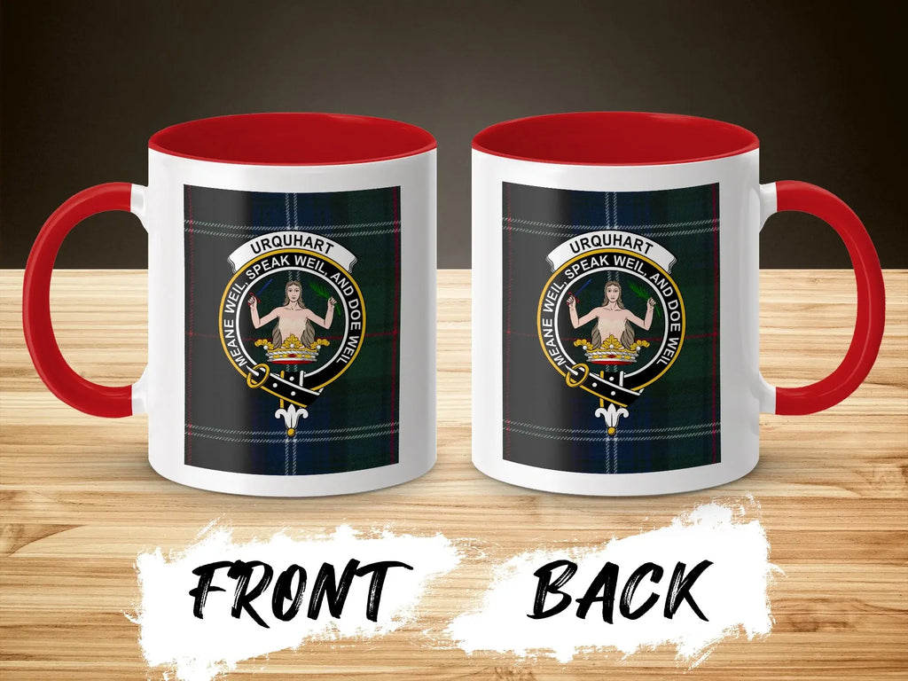 Urquhart clan crest tartan mug with red handle — 15oz ceramic