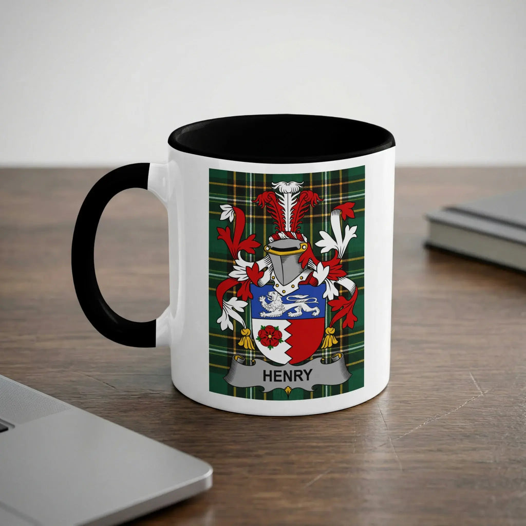 White mug with black rim and handle featuring a coat of arms with the name HENRY.