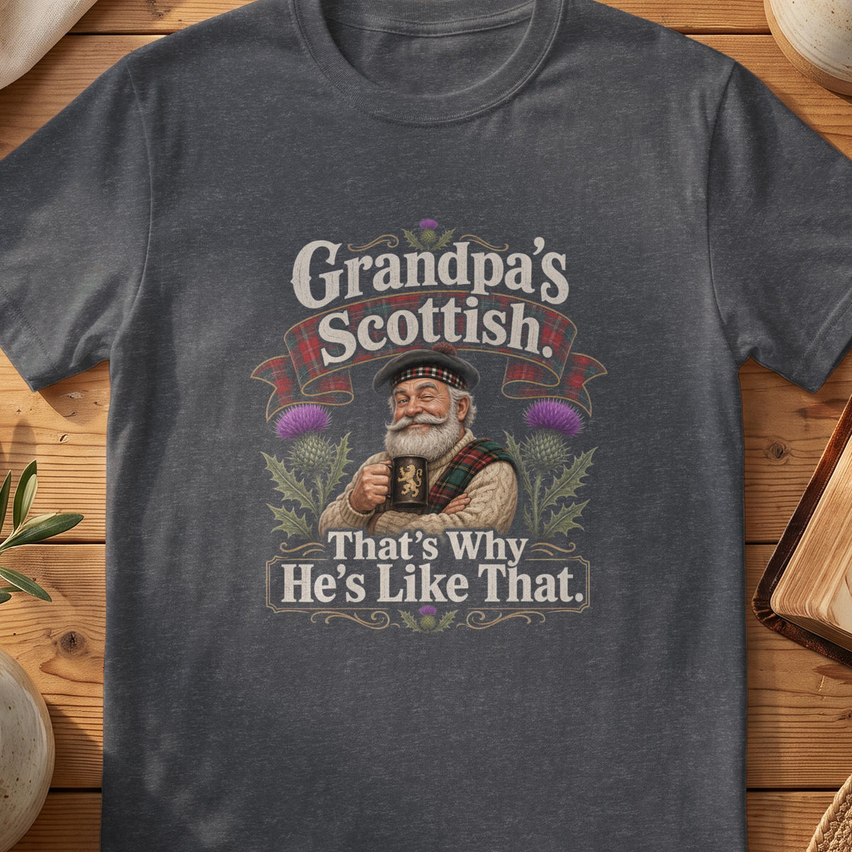 Dark grey Gildan 64000 unisex T-shirt flatlay with Grandpa's Scottish Scottish graphic design