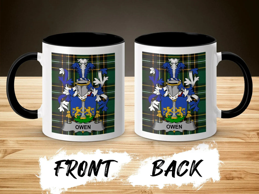 Owen ceramic mug with black handle and family crest on tartan background