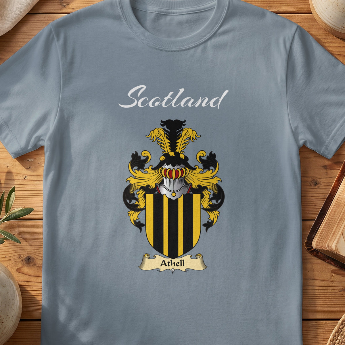 Athell Scottish family shield T-shirt in Stone Blue