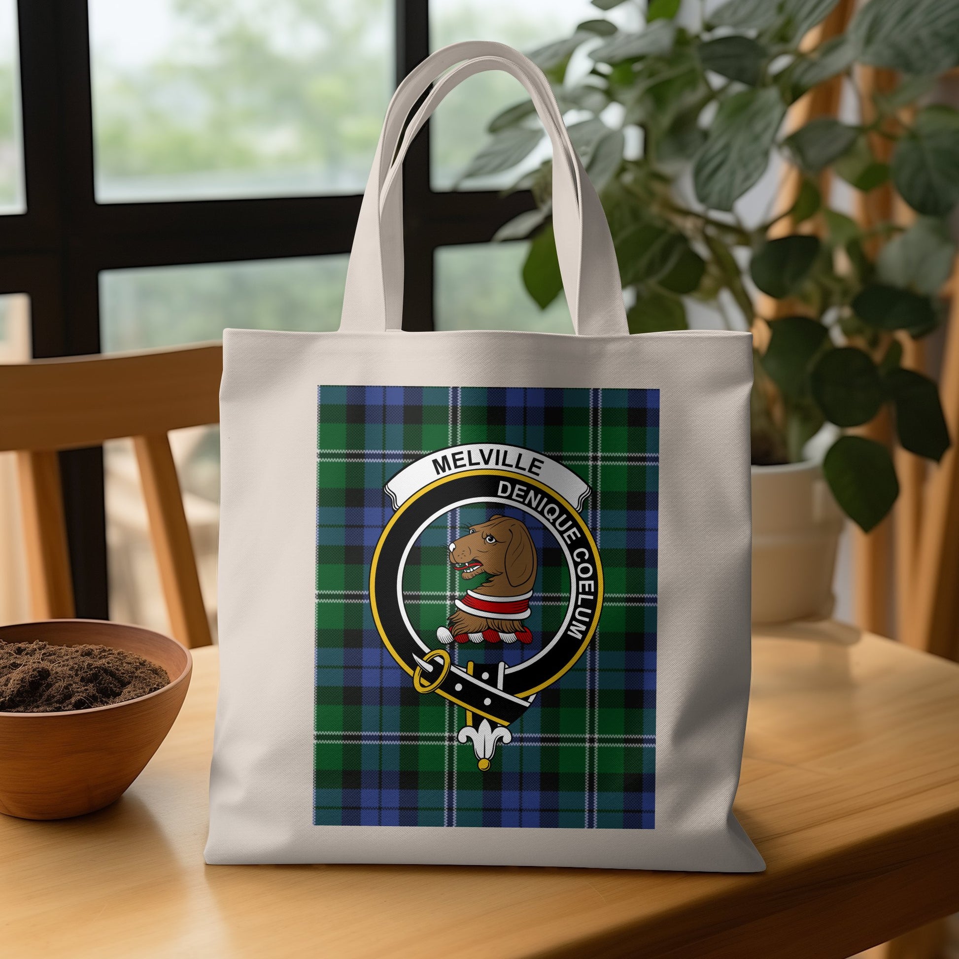 Scottish Clan Crest on Tartan Background Tote Bag - Living Stone Gifts