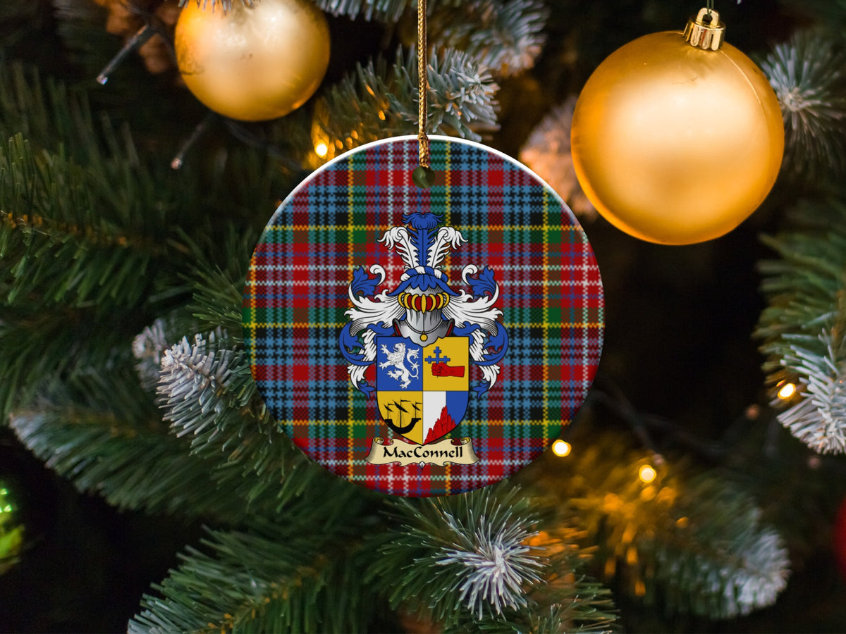 MacConnell family emblem ceramic Christmas ornament with Caledonia tartan background in festive holiday décor