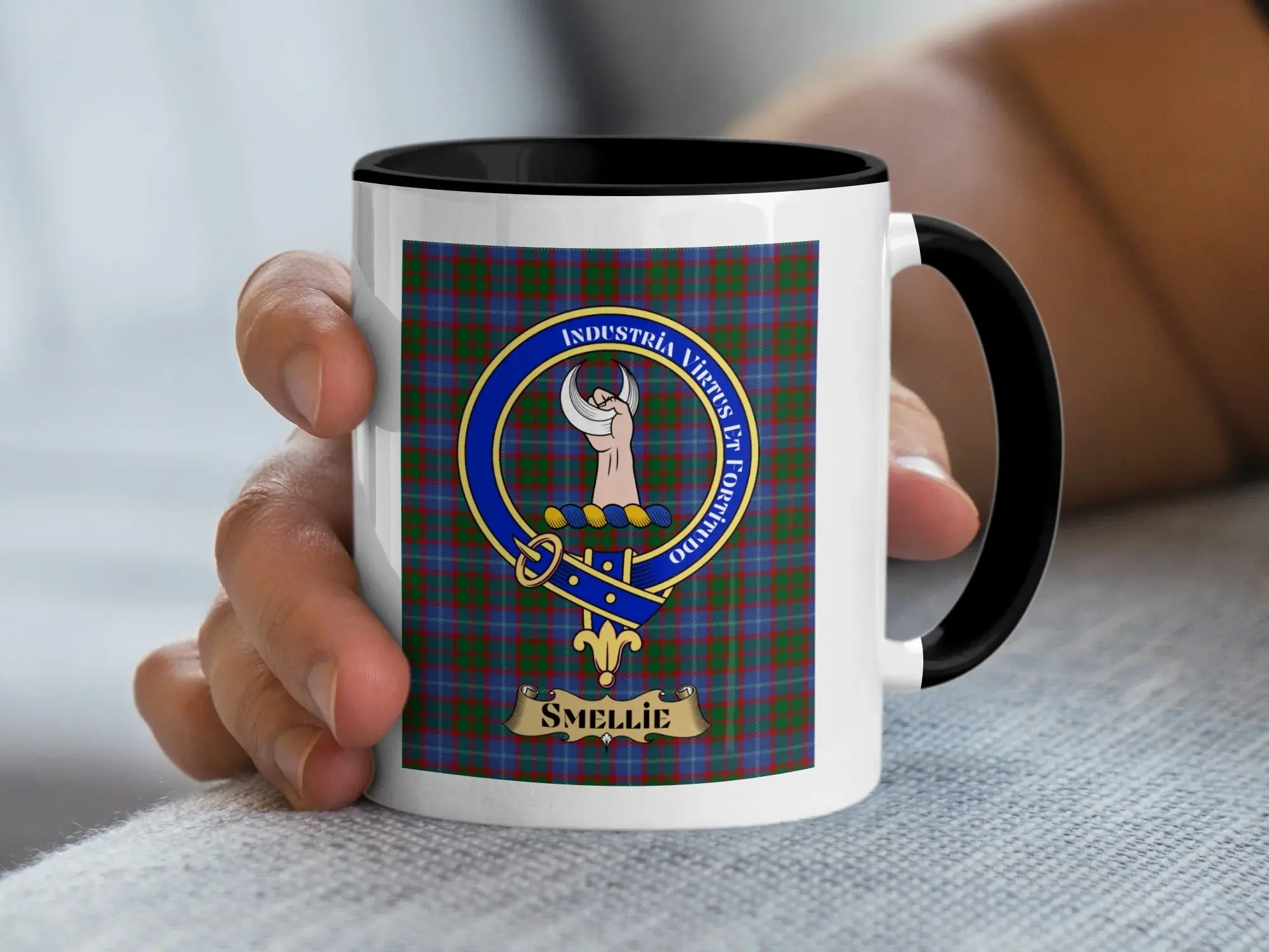 Smellie Clan Crest Tartan Mug with Family Motto Design