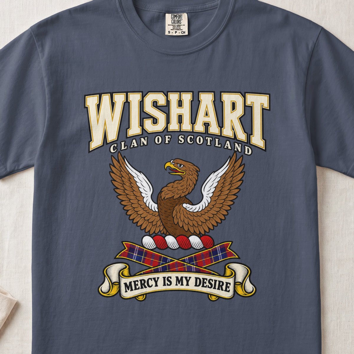 Wishart Scottish clan graphic T-shirt in Midnight, front view