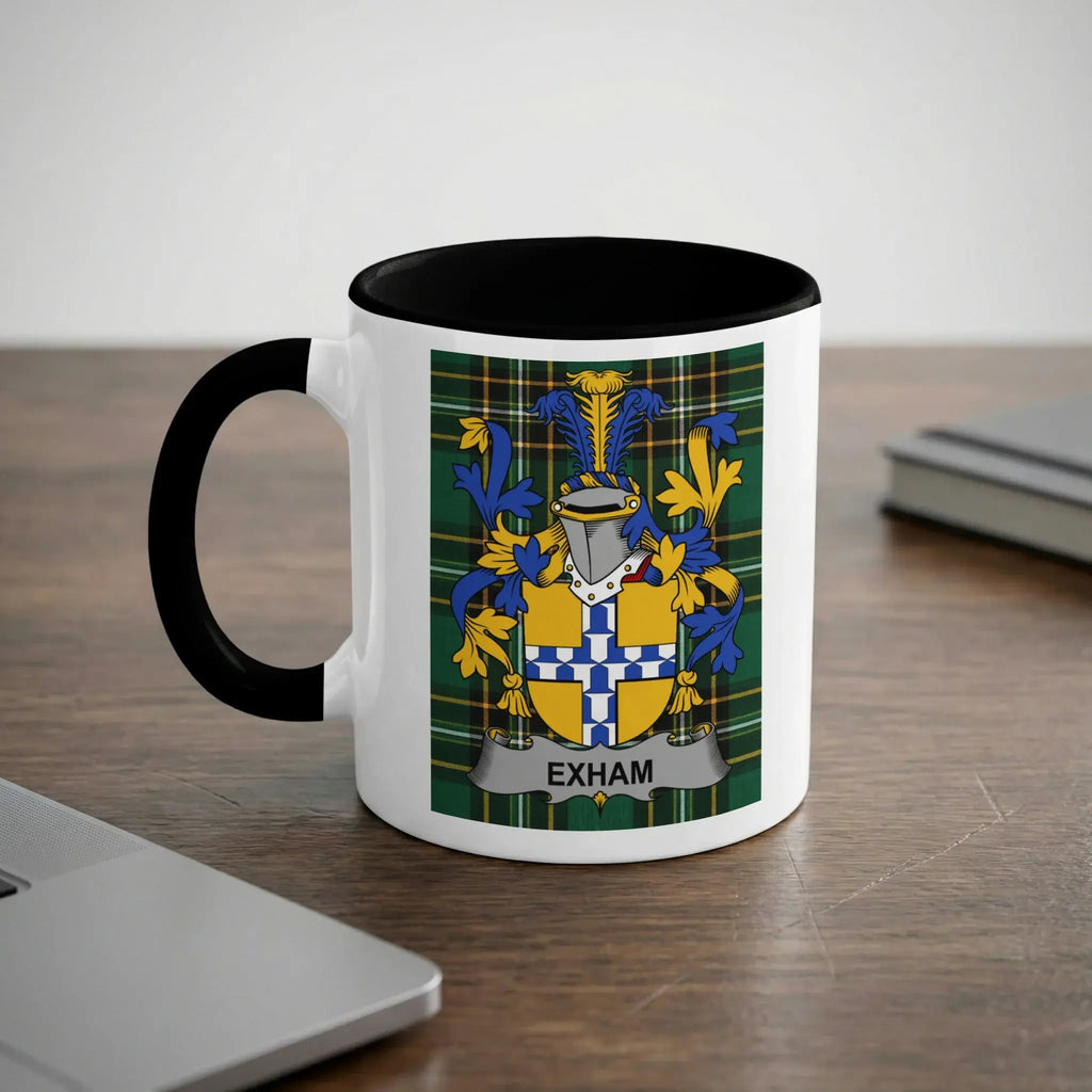 White mug with black rim featuring a family crest with the name "EXHAM" across it.
