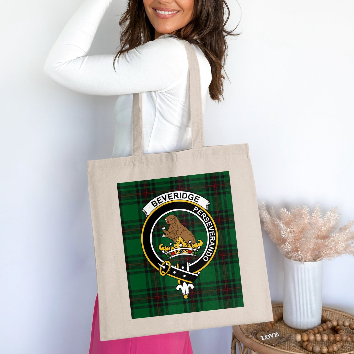 Beveridge Clan Crest on Green Scottish Tartan Tote Bag - Living Stone Gifts