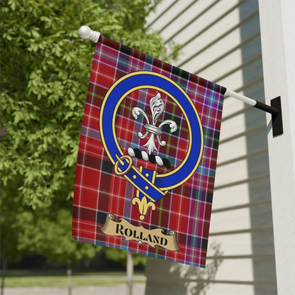 Rolland Family Crest on Tartan Background Flag product