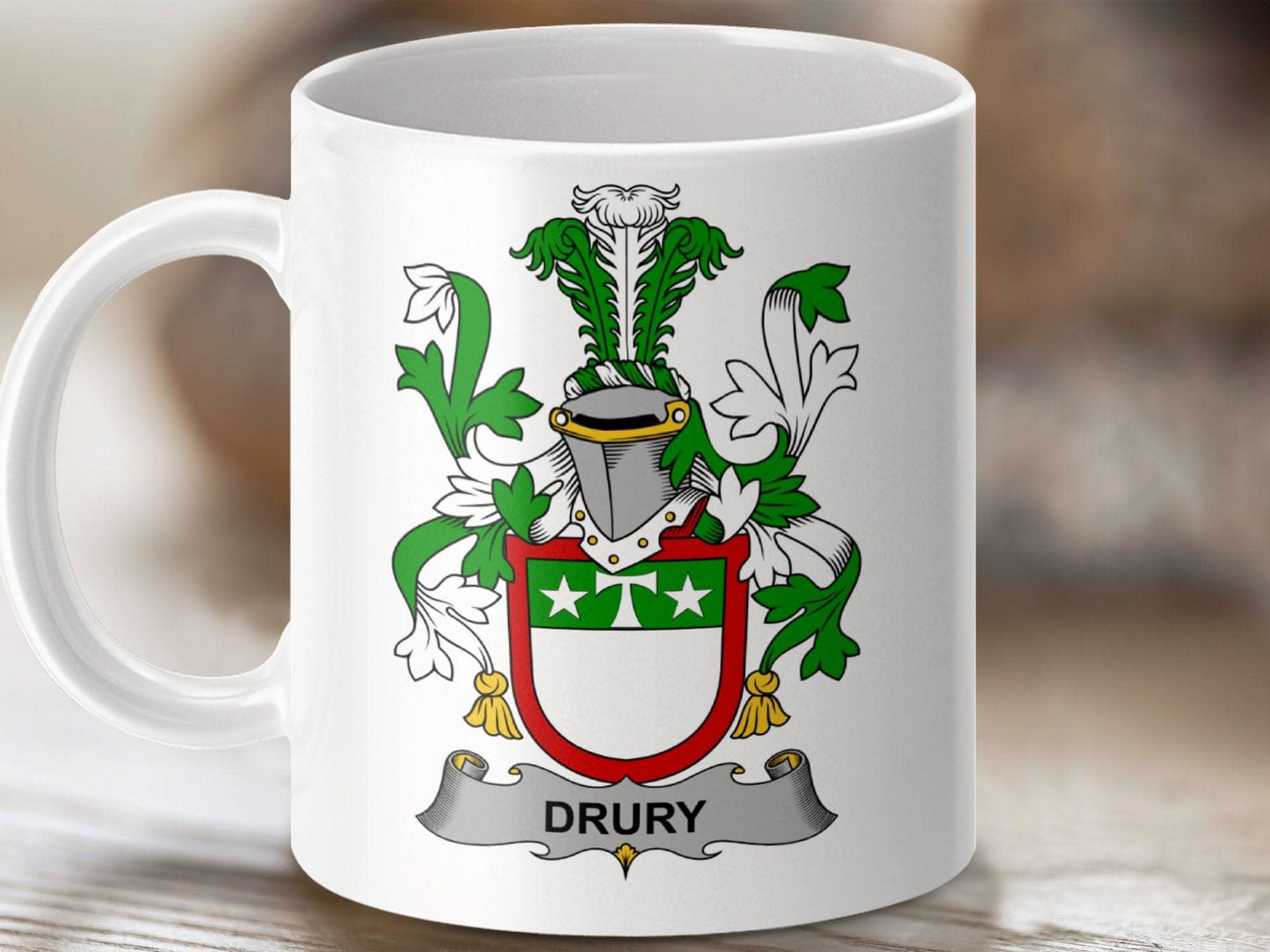 Drury Surname Irish Family Crest Mug - Celtic Ancestry Gifts