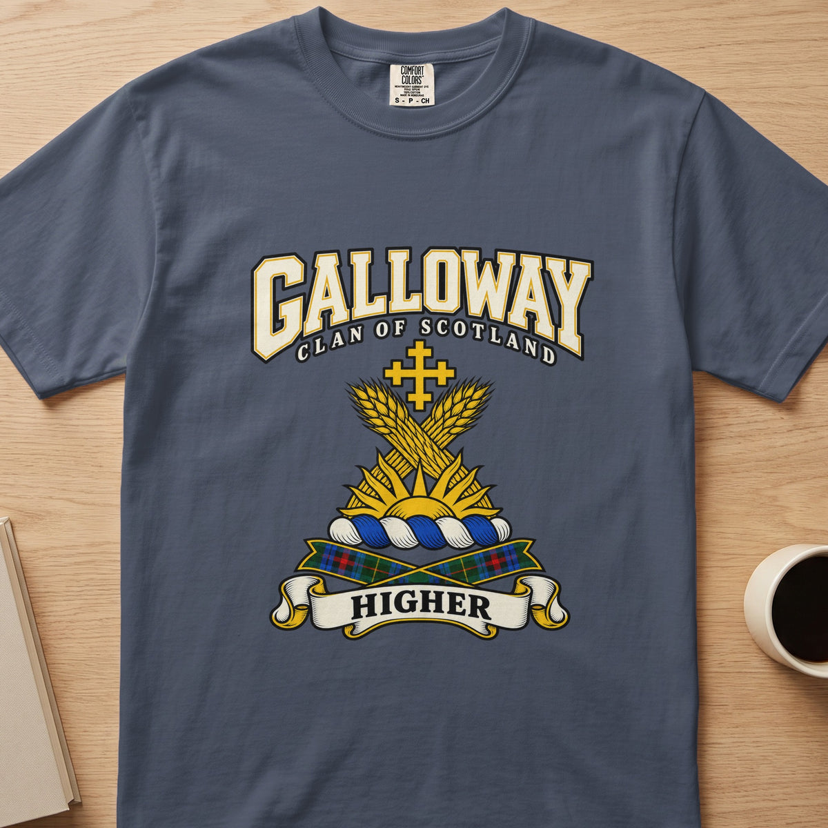 Galloway clan crest with golden wheat and cross on a slate blue Comfort Colors T-shirt, front view
