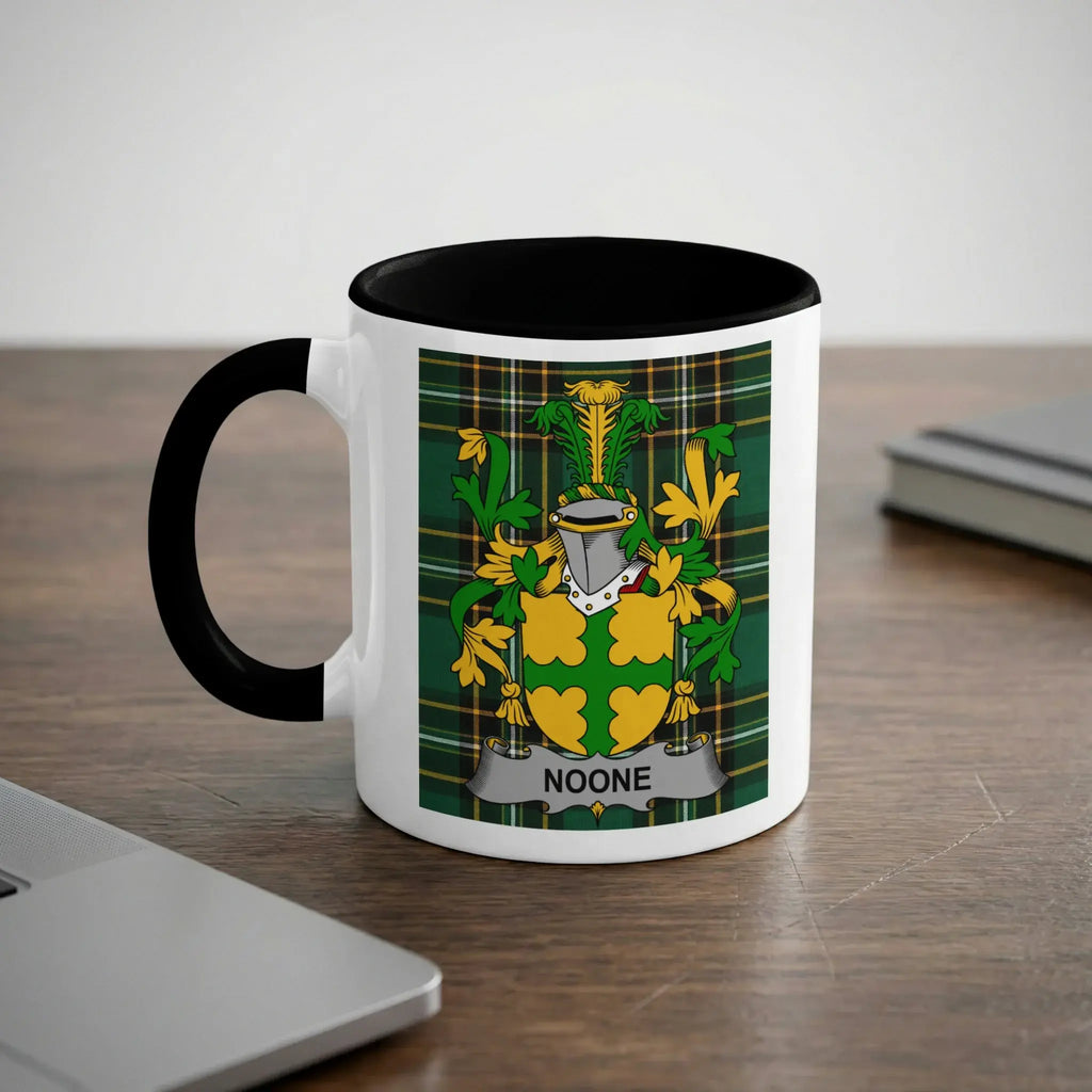 Noone black accent mug with family crest on tartan background