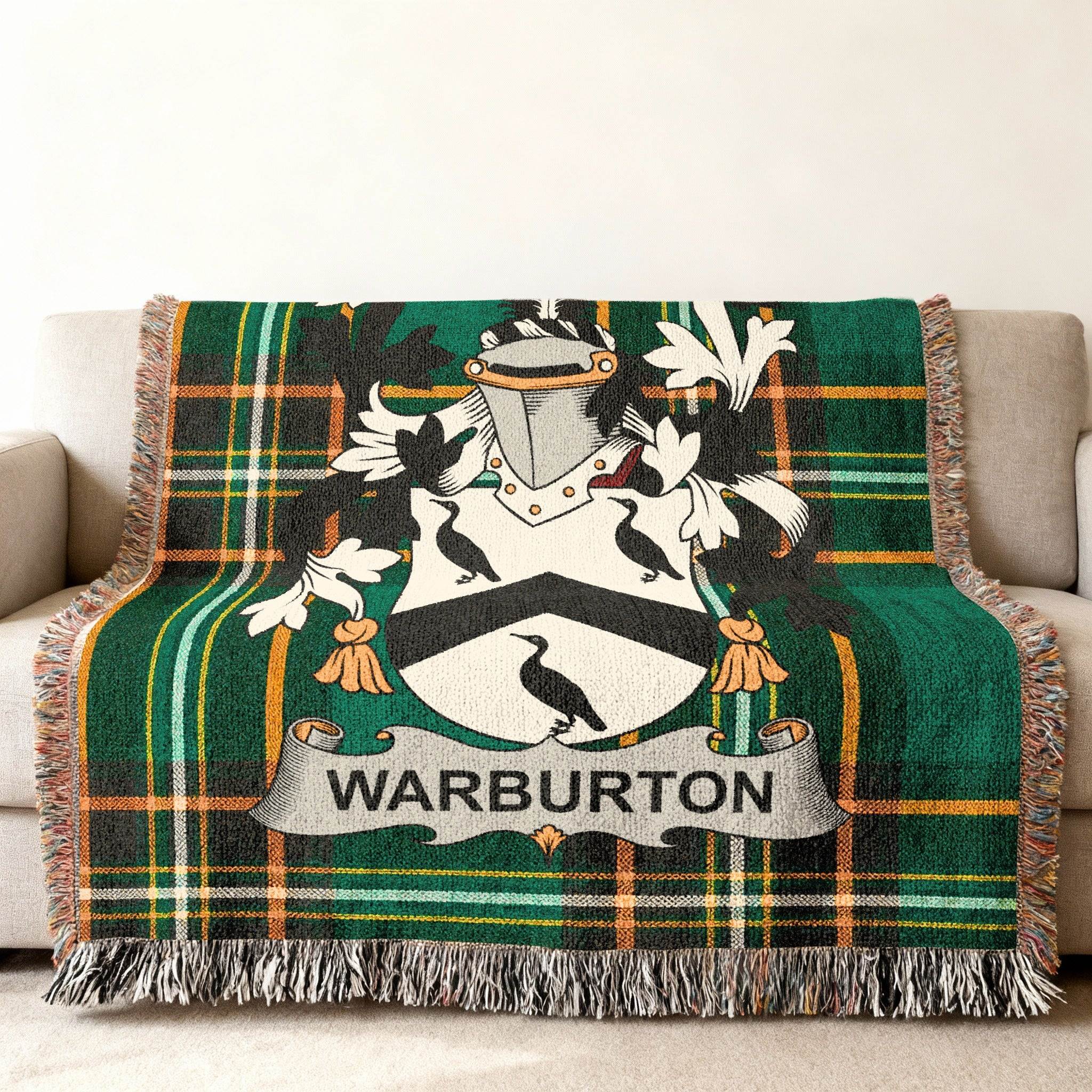 Green plaid throw blanket featuring the Warburton family crest.