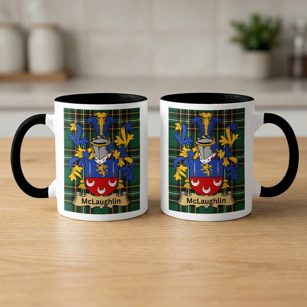 McLaughlin Irish surname mugs front and back — family crest, black handles and rims