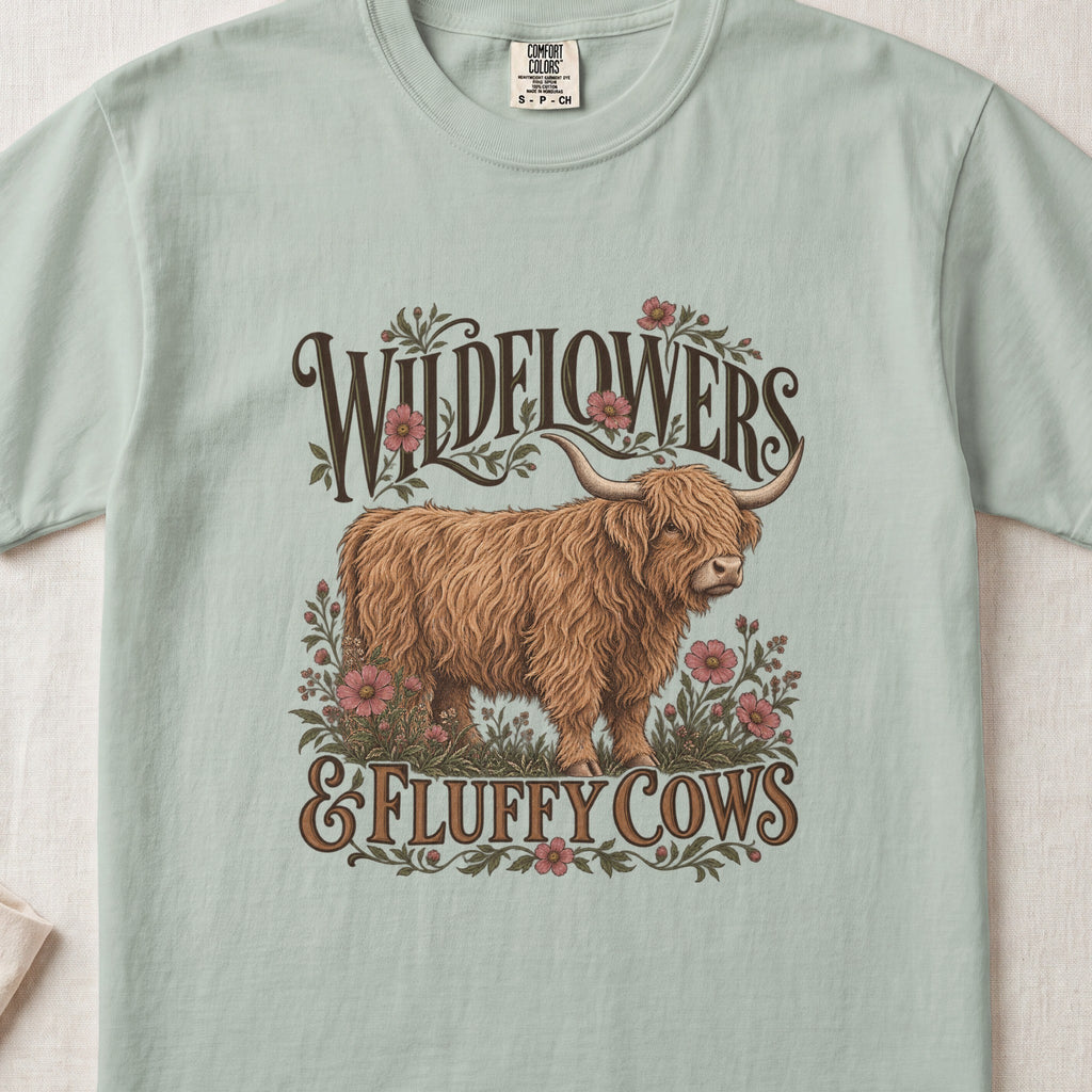 Wildflowers & Fluffy Cows Highland cow design on a Bay Comfort Colors 1717 T-shirt, flat lay