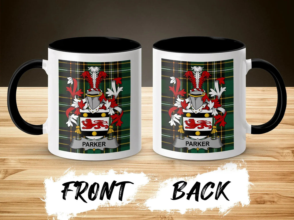Parker ceramic accent mug with black handle and surname crest on tartan