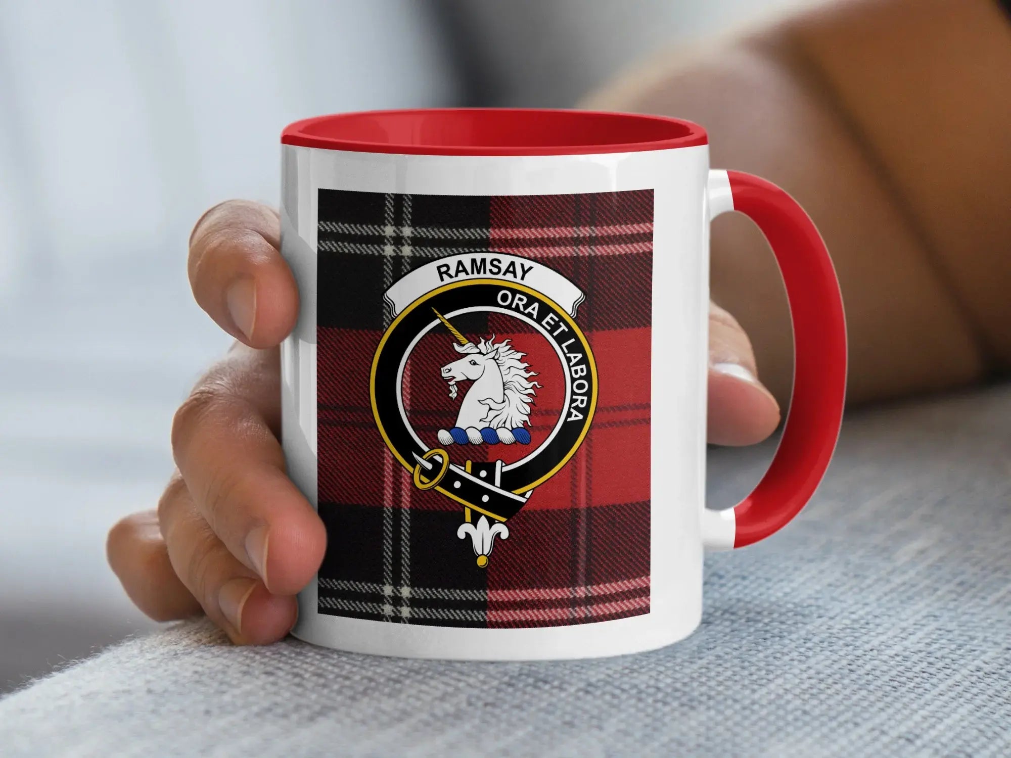Ramsay unicorn crest accent mug — red handle, 11oz glossy ceramic