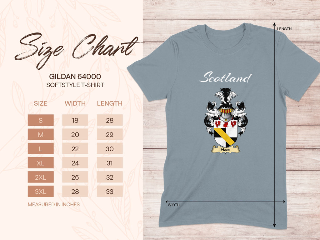 Gildan 64000 size chart for Hood Scottish family shield T-shirt